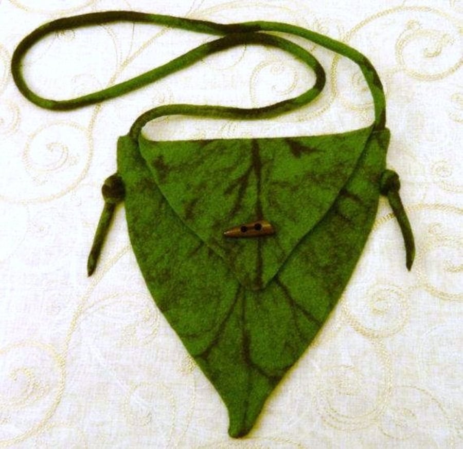 Handmade Felt Green Leaf Bag Tree Elf Fairy Hand Felted Textile Fabric