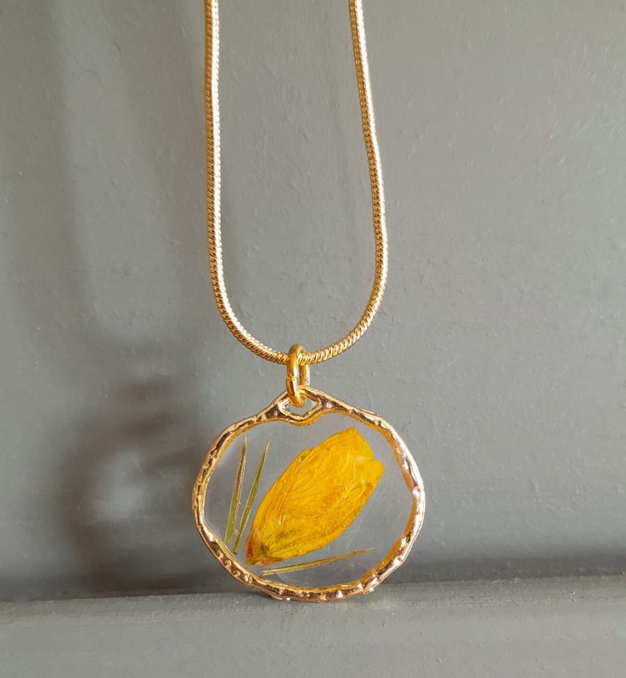 Real Flower Gorse Pendant Resin Necklace