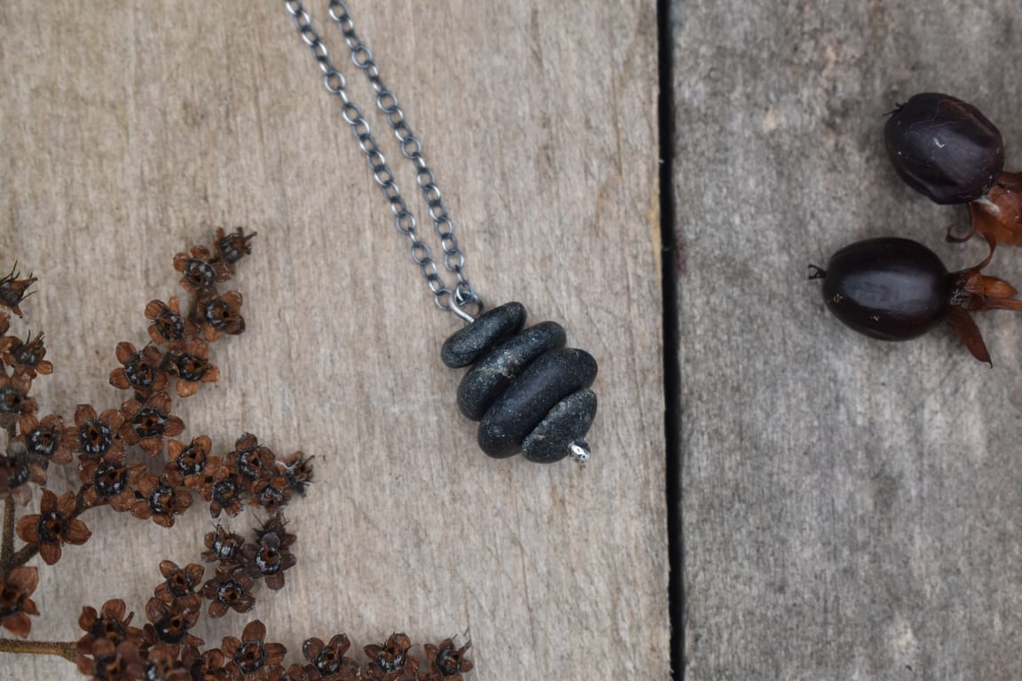 Stacked Pebble and Recycled Sterling Silver Necklace, Stone Necklace, Pendant