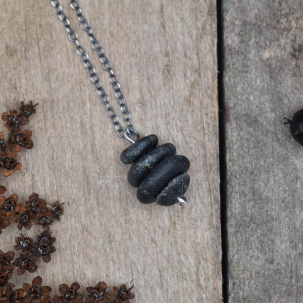 Stacked Pebble and Recycled Sterling Silver Necklace, Stone Necklace, Pendant
