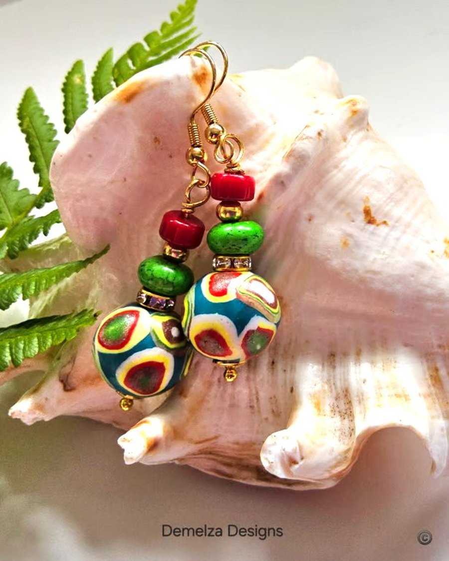 Hand Made Polymer Clay Beads, Red Coral & Howlite Gold Plate Earrings