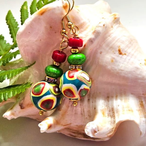 Hand Made Polymer Clay Beads, Red Coral & Howlite Gold Plate Earrings