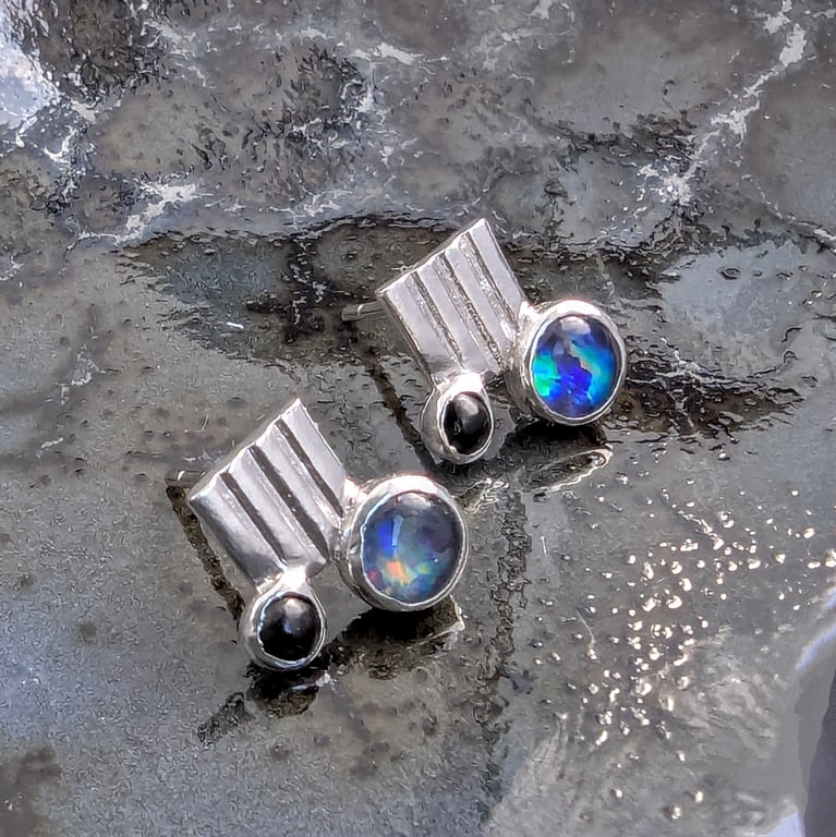 OPAL & ONYX STUDS Handmade Sterling Silver Opal & Onyx Stud Earrings 