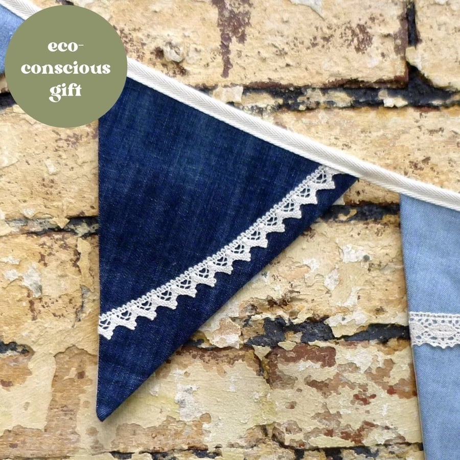 Bunting upcycled Denim and Lace with floral reverse side - zero waste