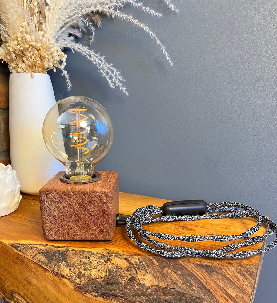 Rustic solid Iroko wood cube handmade lamp