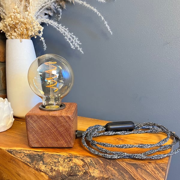 Rustic solid Iroko wood cube handmade lamp