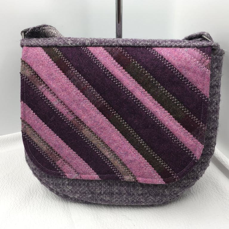 Flap Over or Saddle Bag in Tweeds with Adjustable, Shoulder or Cross-body Strap.