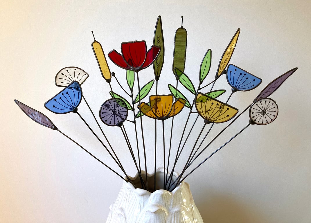 Forever Eternal Wild Flowers on stems - Handmade Stained Glass Flowers -16 STEMS