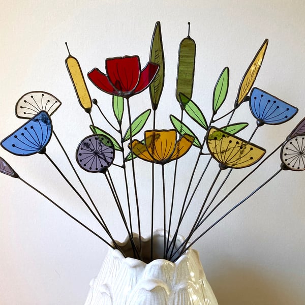 Forever Eternal Wild Flowers on stems - Handmade Stained Glass Flowers -16 STEMS