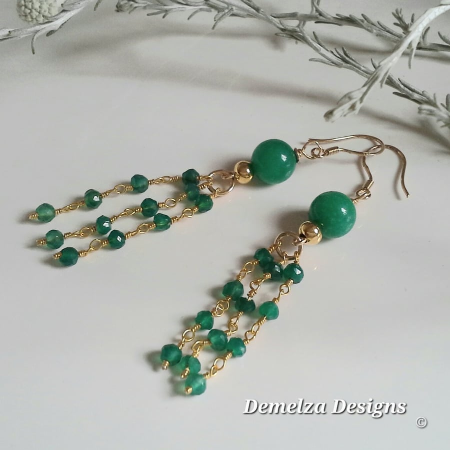 Green Onxy Waterfall Design Gold Vermeil earrings