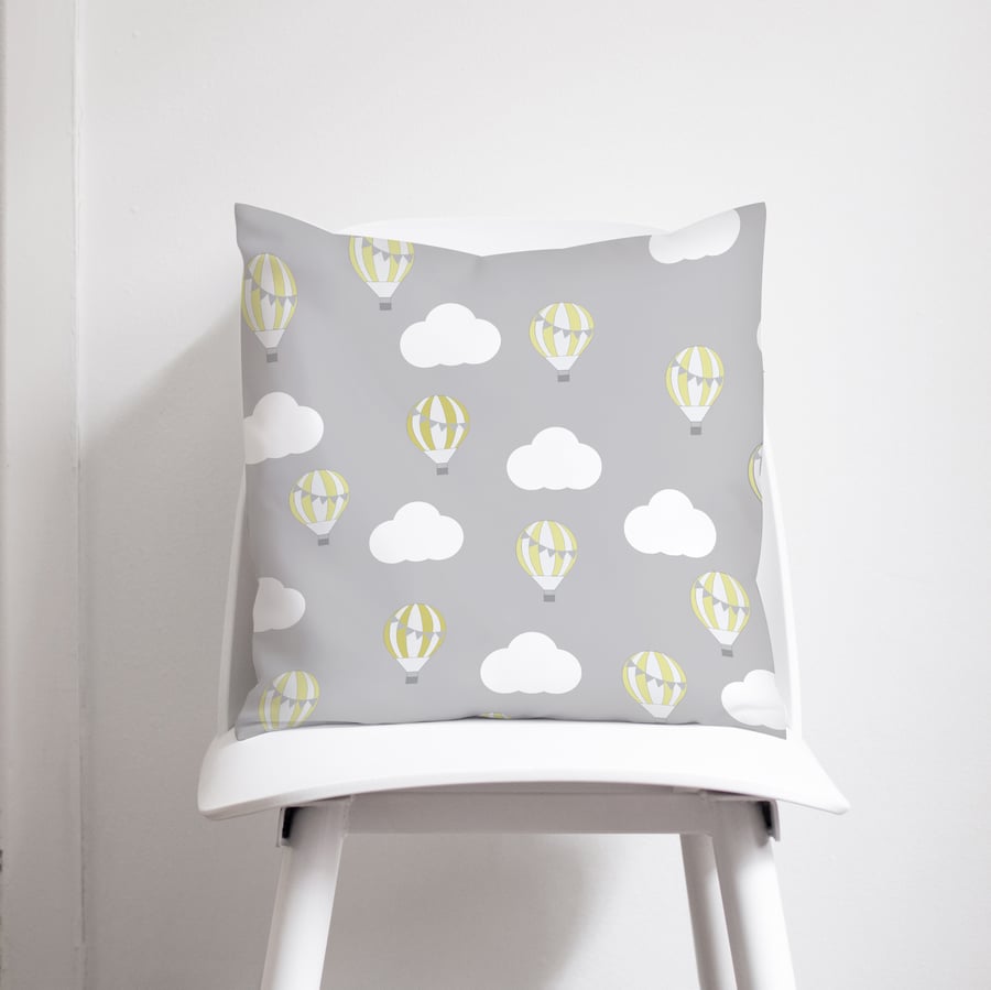 Grey and Lemon Hot Air Balloons Cushion