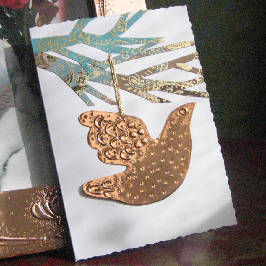 Christmas Greetings Card with Copper Bird Decoration
