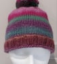 Handknit Bobble Hat 100% wool Pink Green Purple MED - Image 5