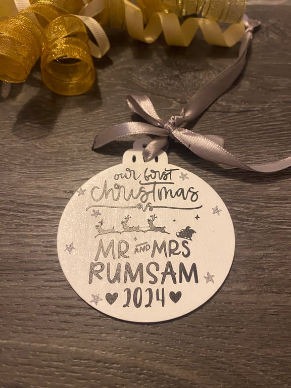 Beautiful hand finished personalised First Year married Christmas Decoration
