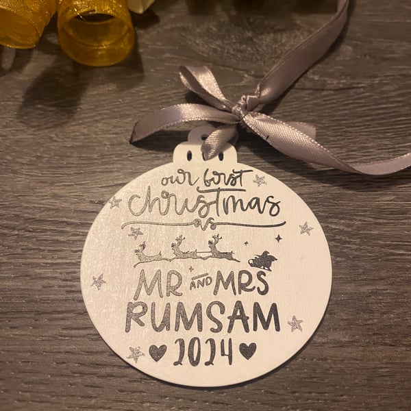 Beautiful hand finished personalised First Year married Christmas Decoration
