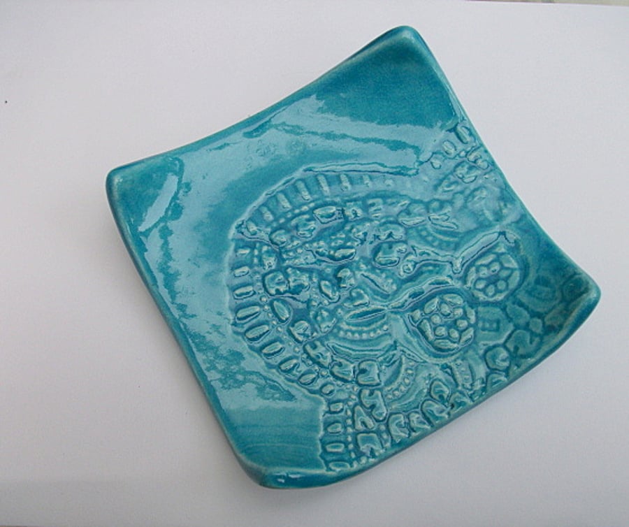 Turquoise ceramic dish imprinted with vintage lace - Trinket Dish