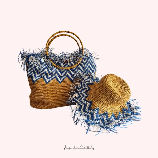  Crochet Handle Bag, Crochet Bag, Beach Bag, Sunhat, Crochet Hat