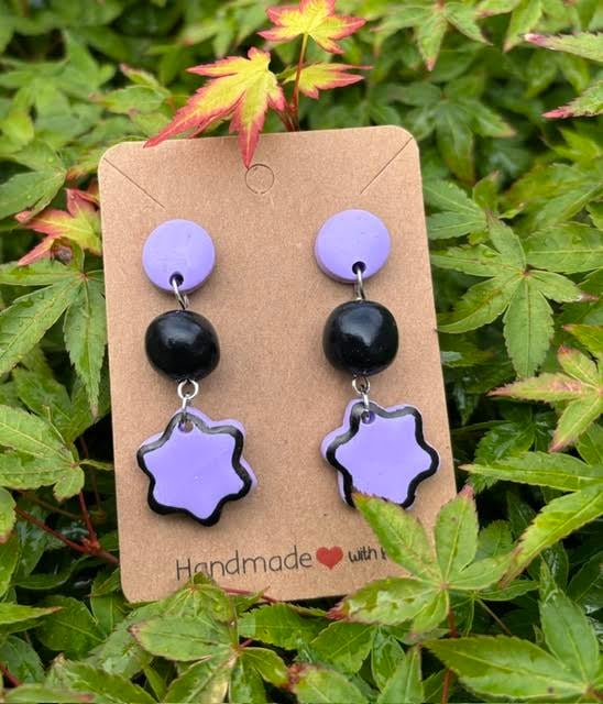 Boho Lavender and Black Flower Dangle Earrings
