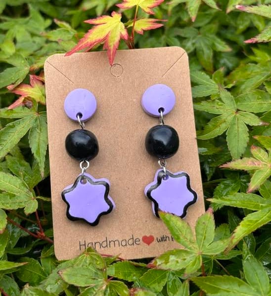 Boho Lavender and Black Flower Dangle Earrings