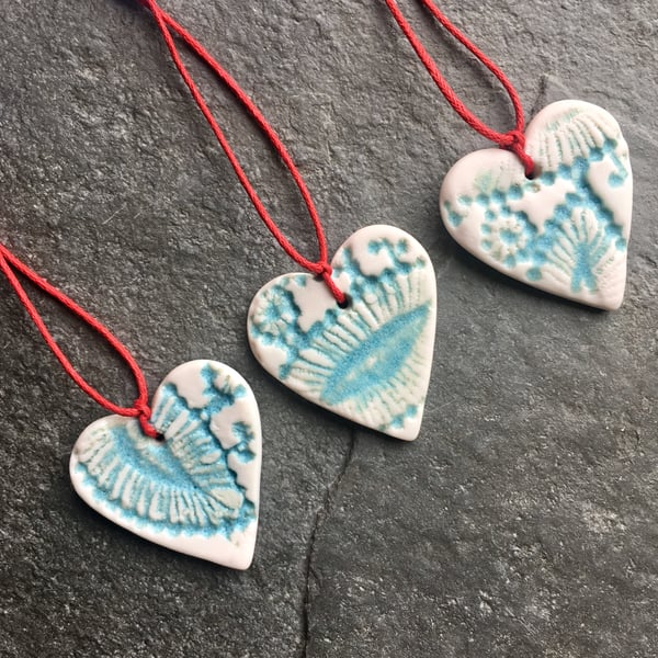 Scandi Folk Heart love Gift Decorations, 3, aqua glaze The Porcelain Menagerie 
