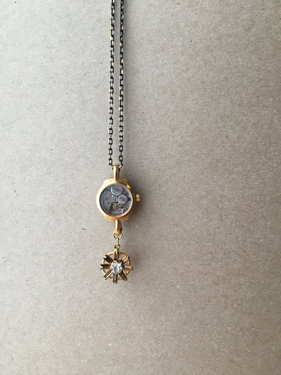 Upcycled steampunk theme - Vintage ladies antique watch case movement necklace
