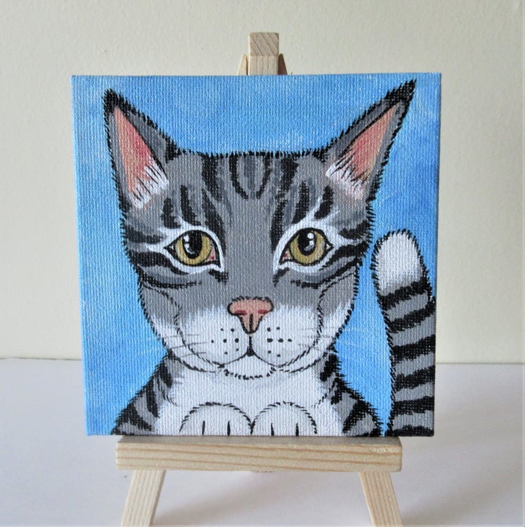 Cat Miniature Original Acrylic Painting with Easel Letterbox Gift Charity.