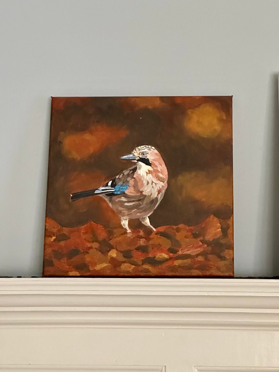 Jay in the Autumn Leaves Original Painting Canvas 