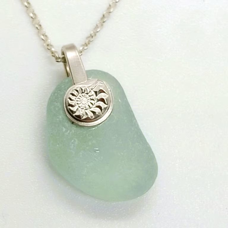 Seaham sea glass pendant with Ammonite bail