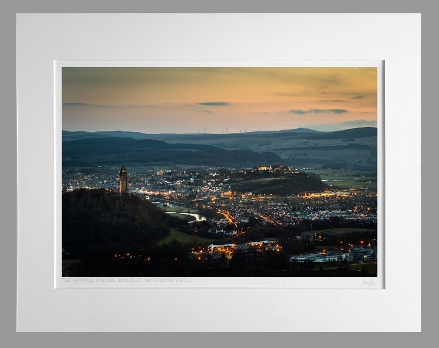 National Wallace Monument & Stirling Castle at dusk - A3(50x40cm) Unframed Print