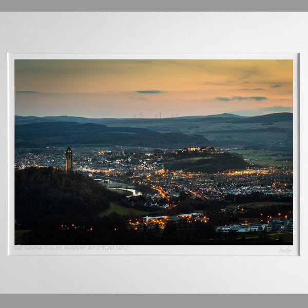 National Wallace Monument & Stirling Castle at dusk - A3(50x40cm) Unframed Print