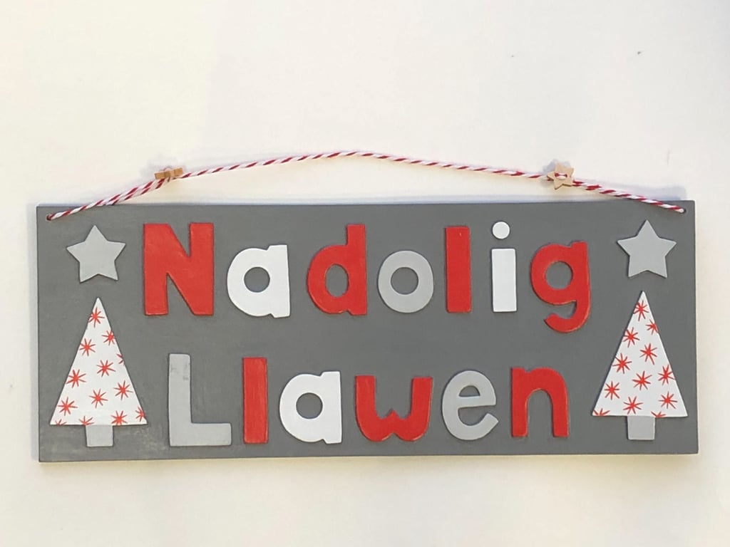 Nadolig llawen, Christmas hanging decorative sign in grey, red and white.