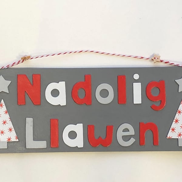 Nadolig llawen, Christmas hanging decorative sign in grey, red and white.