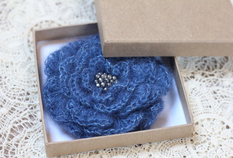 Mohair flower brooch blue, corsage, pin, gift guide for her