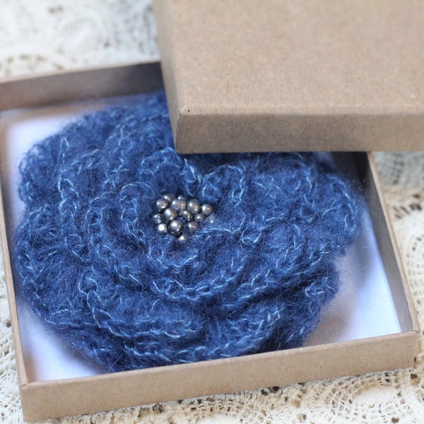 Mohair flower brooch blue, corsage, pin, gift guide for her