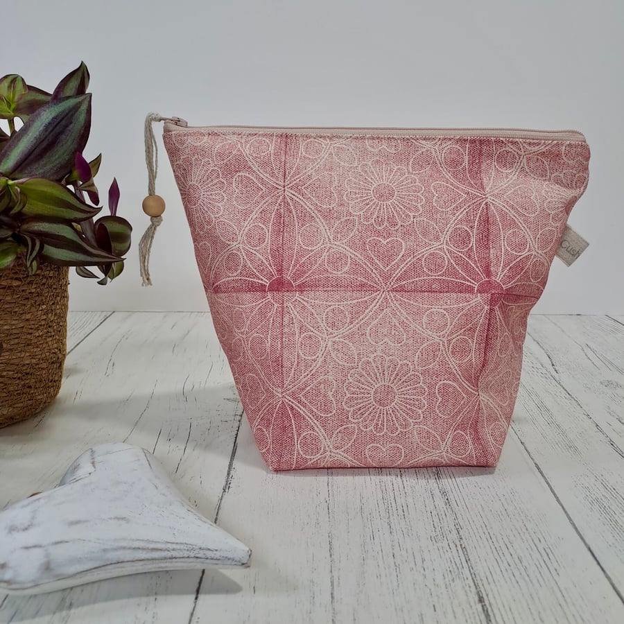 Hand Printed Linen Wash Bag, Toiletry Bag, Accessory Bag - Rose Pink