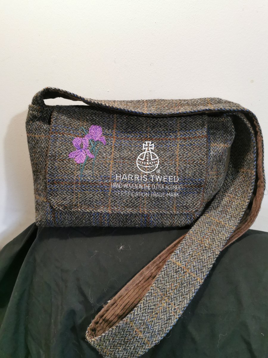 Harris Tweed crossbody bag with iris and mill stamp