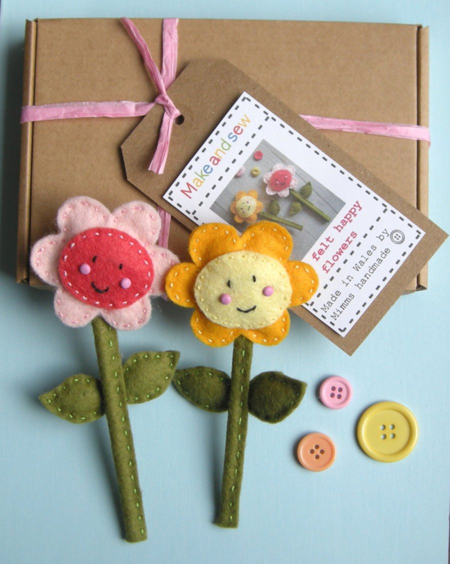 craft kit sewing kit Make two happy felt flowers