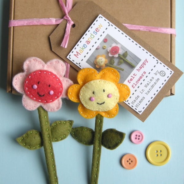 craft kit sewing kit Make two happy felt flowers