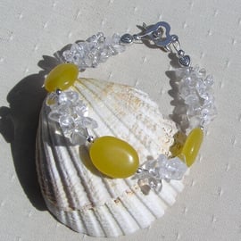Yellow Jade & Clear Quartz Gemstone Crystal Beaded Bracelet "Sunflower Mist" 