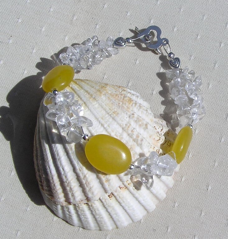 Yellow Jade & Clear Quartz Gemstone Crystal Beaded Bracelet "Sunflower Mist" 