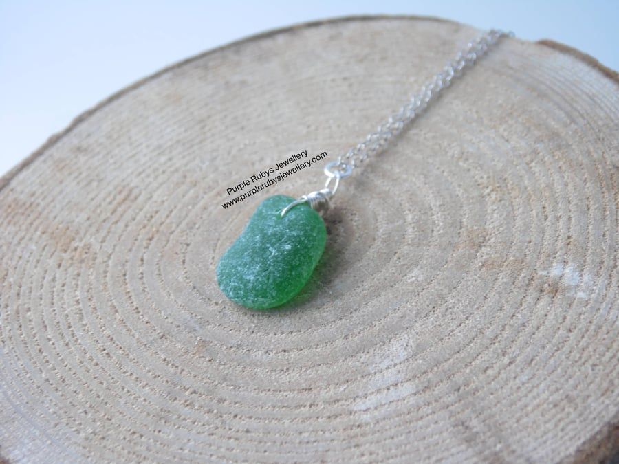 Bright Green Cornish Sea Glass Necklace, Sterling Silver N574