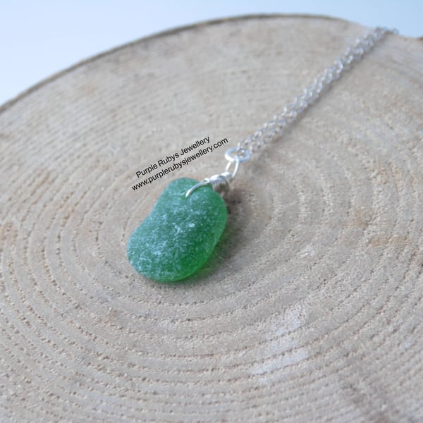 Bright Green Cornish Sea Glass Necklace, Sterling Silver N574