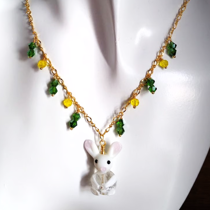 Cute Lampwork Glass Rabbit and Gold Plated Chain Necklace 18 inch