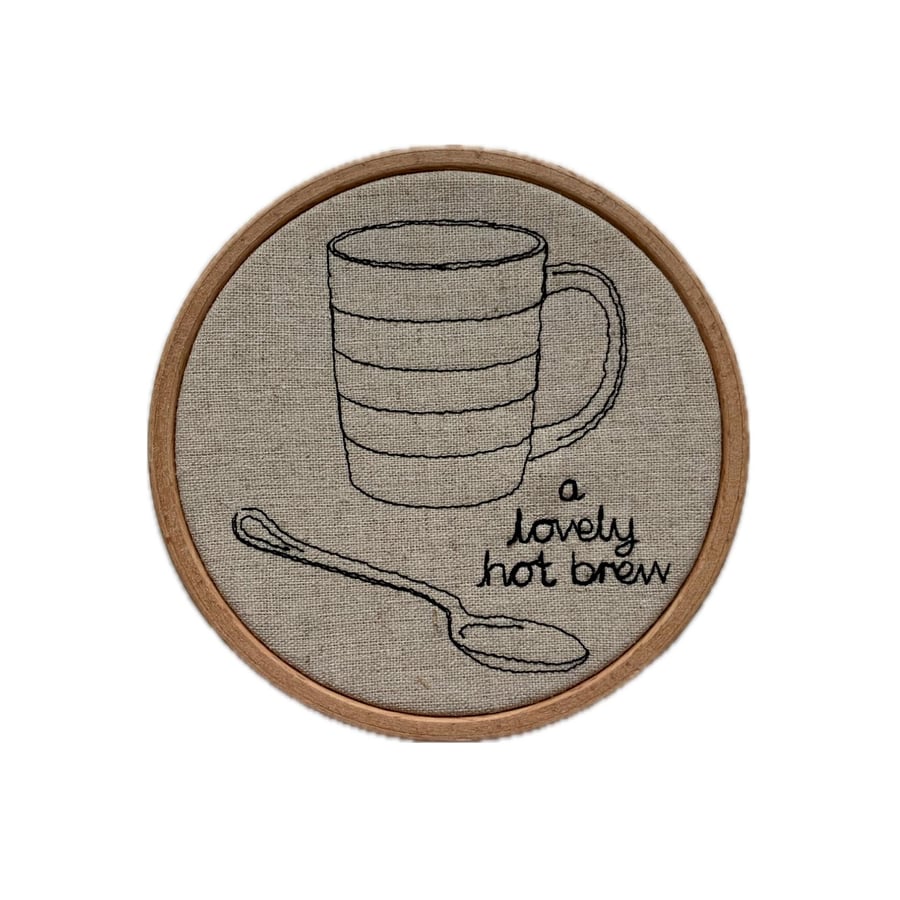 Hot Brew Embroidered Hoop: Spill the tea! (4 inch hoop)