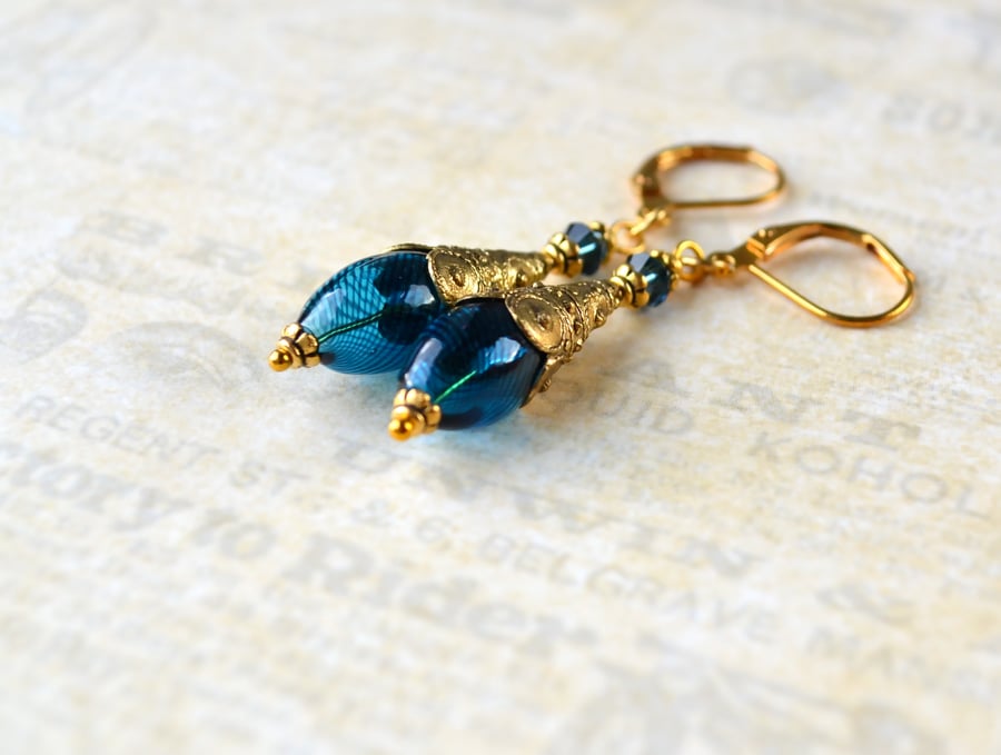 Blue blown glass earrings, Ornate gold cone earrings, Art nouveau style