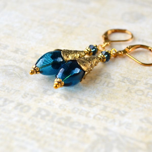 Blue blown glass earrings, Ornate gold cone earrings, Art nouveau style