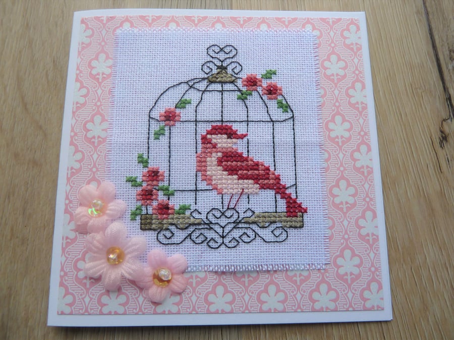 pink bird cross stitch card