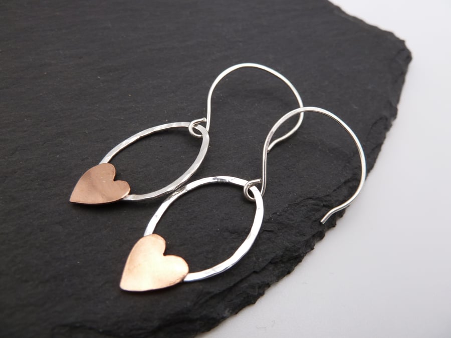 sterling silver earrings, mixed metal copper heart jewellery
