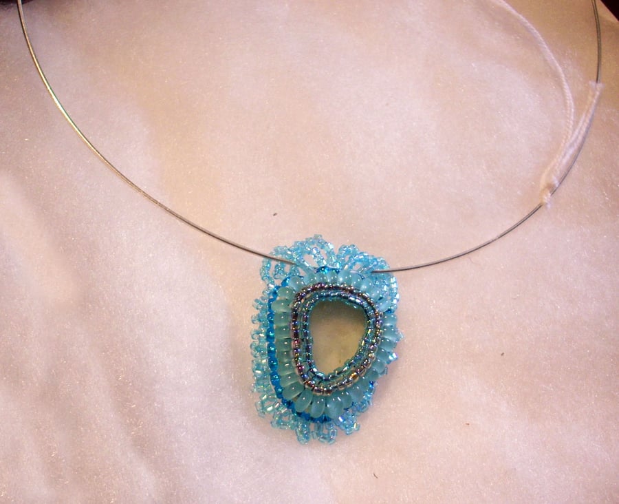 Turquoise Sea Glass Beaded Pendant