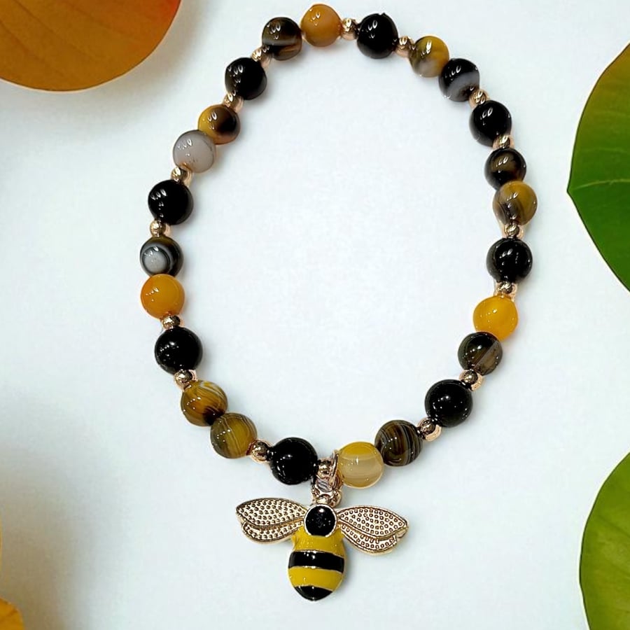 Bumble Bee Agate Bracelet with Bee Charm